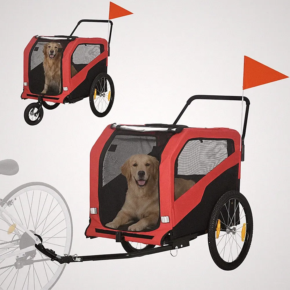 2-in-1 Hundeanhänger, Fahrradanhänger für Hunde, Hundewagen mit Reflektoren Rot
