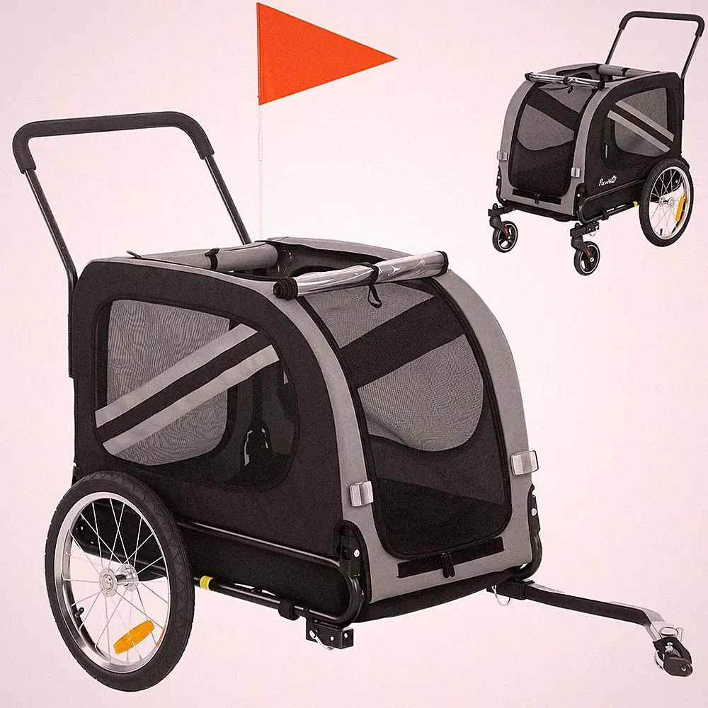 PawHut 2-in-1 Haustier Fahrradanhänger Hundebuggy Kinderwagen mit Universalradrefle