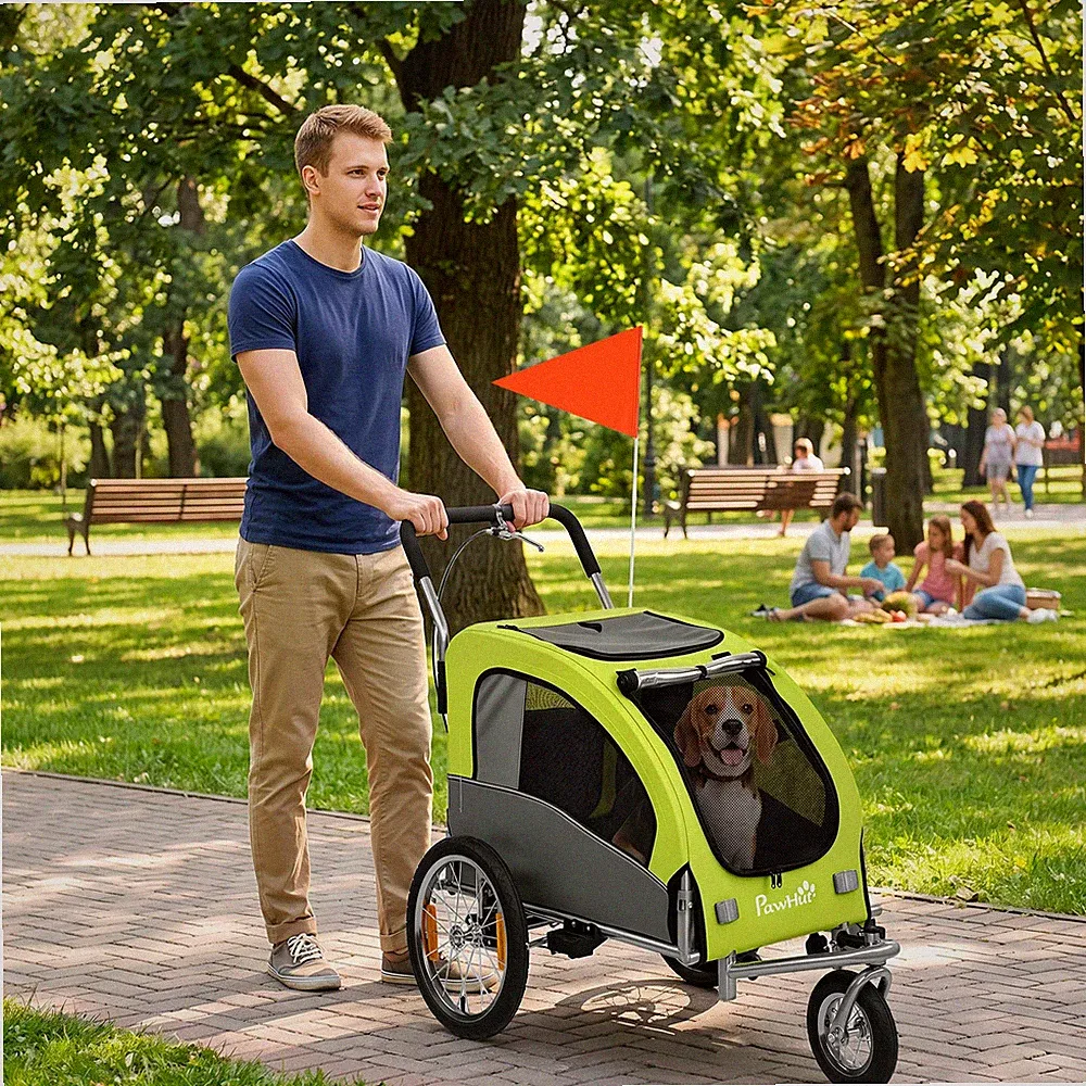 PawHut 2-in-1 Hundeanhänger für Fahrrad Hundebuggy für Hunde bis 20 kg, Grün