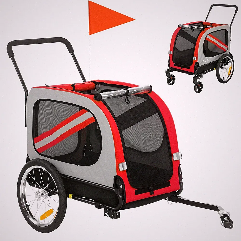 PawHut 2-in-1 Hundefahrradanhänger Haustier Kinderwagen mit Universal Rad Reflektor Flagge