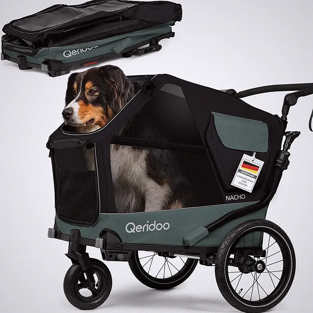 Qeridoo Nacho L Green Hundeanhänger mit Federung, Hundebett, 360° Buggyrad
