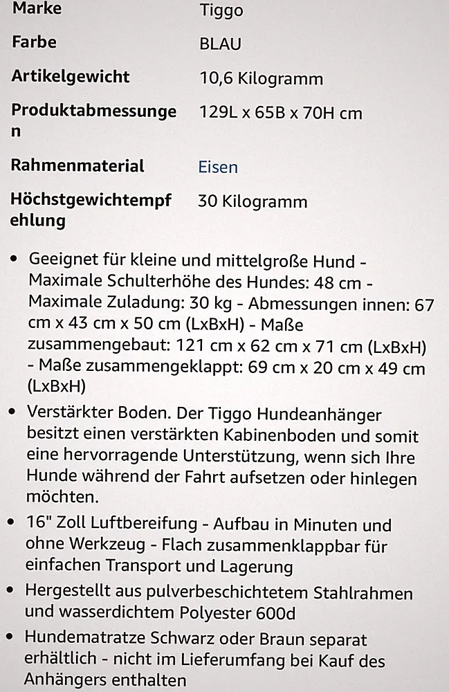 Tiggo Fahrradanhänger Hundeanhänger für Fahrrad in blau/grau